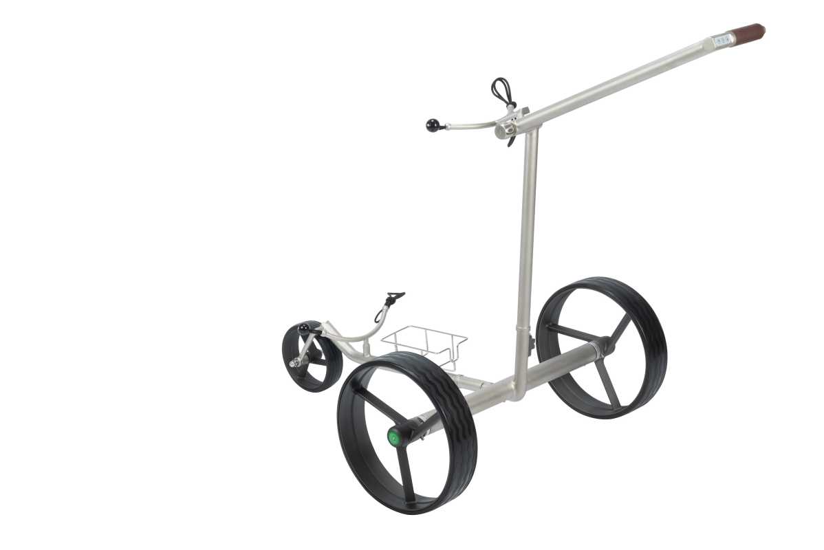 Lithium Elektro Golf Trolley Kolibri lago® K3, Edelbeschichtung in Titan-Optik, schnell-zerlegbar/-klappbar, mit Bergabfahrbremse, Fernbedienung als Option